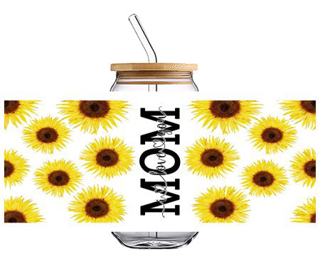 MOM with Sunflower 16 OZ Glass Cup UV DTF Wraps UV-186