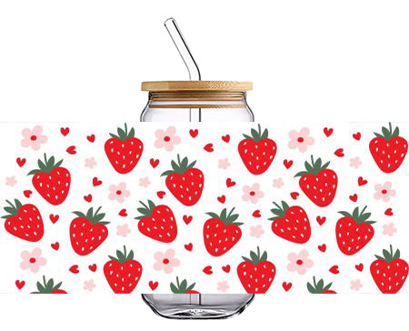 Strawberry with flower and small heart 16 OZ Glass Cup UV DTF Wraps UV-016