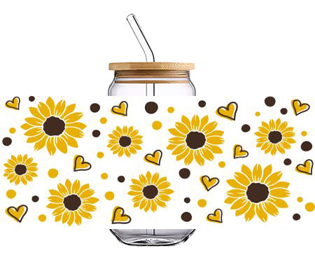 Yellow Sunflower with small heart pattern 16 OZ Glass Cup UV DTF Wraps UV-056