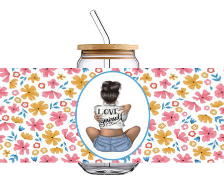 A Lady back write Love yourself with flowers 16 OZ Glass Cup UV DTF Wraps UV-064