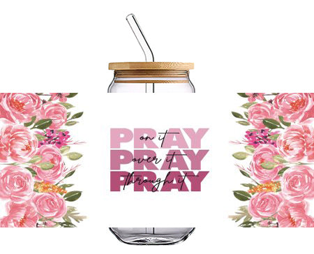 PRAY 3 kind of pink Color with Flowers 16 OZ Glass Cup UV DTF Wraps UV-073