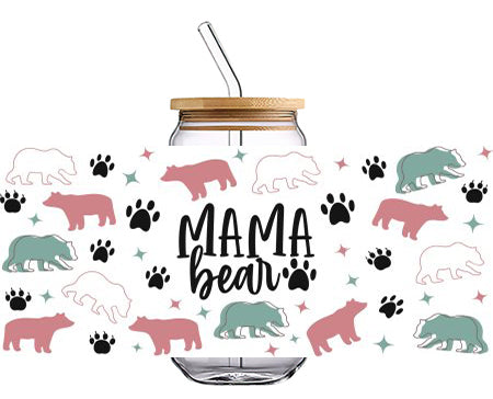 MAMA Bear with Bear's Palmprint 16 OZ Glass Cup UV DTF Wraps UV-081