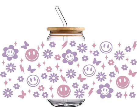 Colorful Smile face with Flower and Butterfly Pattern 16 OZ Glass Cup UV DTF Wraps UV-084