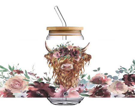 Highland Cow with Flower 16 OZ Glass Cup UV DTF Wraps UV-087