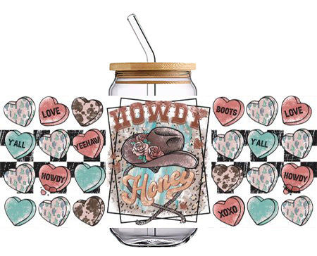 HOWDY Cowboy Hat with Heart 16 OZ Glass Cup UV DTF Wraps UV-803