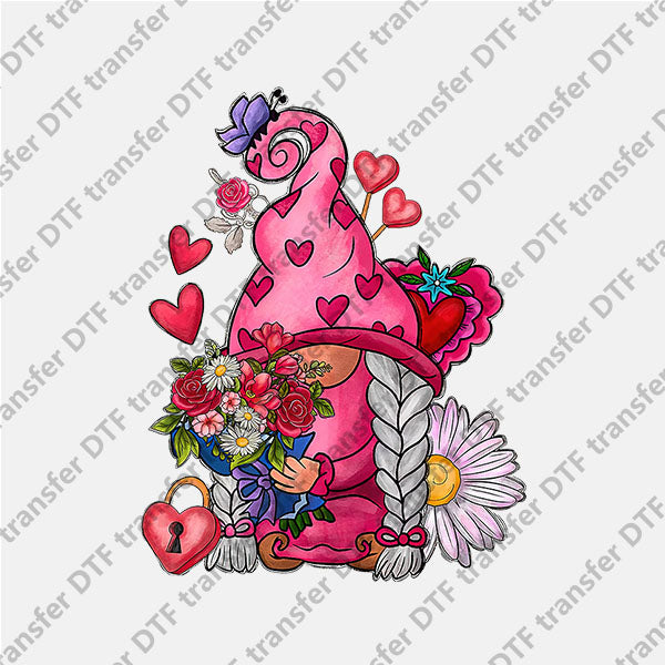 Valentine's Day Pink Gnome Hold Flowers DTF transfers VLT.058