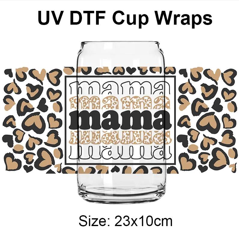 UV DTF Cup Wrap Libby Beer Can Glass 16oz Mama Leopard Hearts 