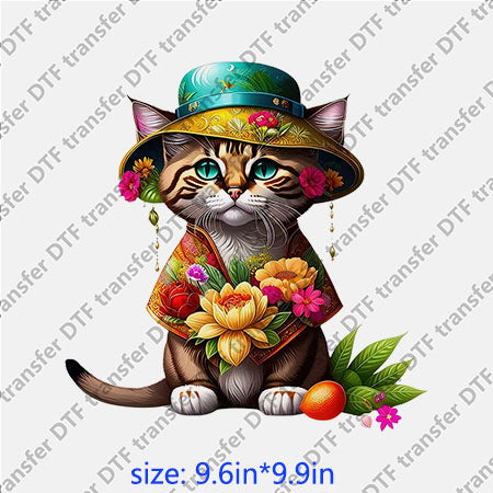 Cat beautiful green hat flowers leaves animal DTF transfer ANM.103